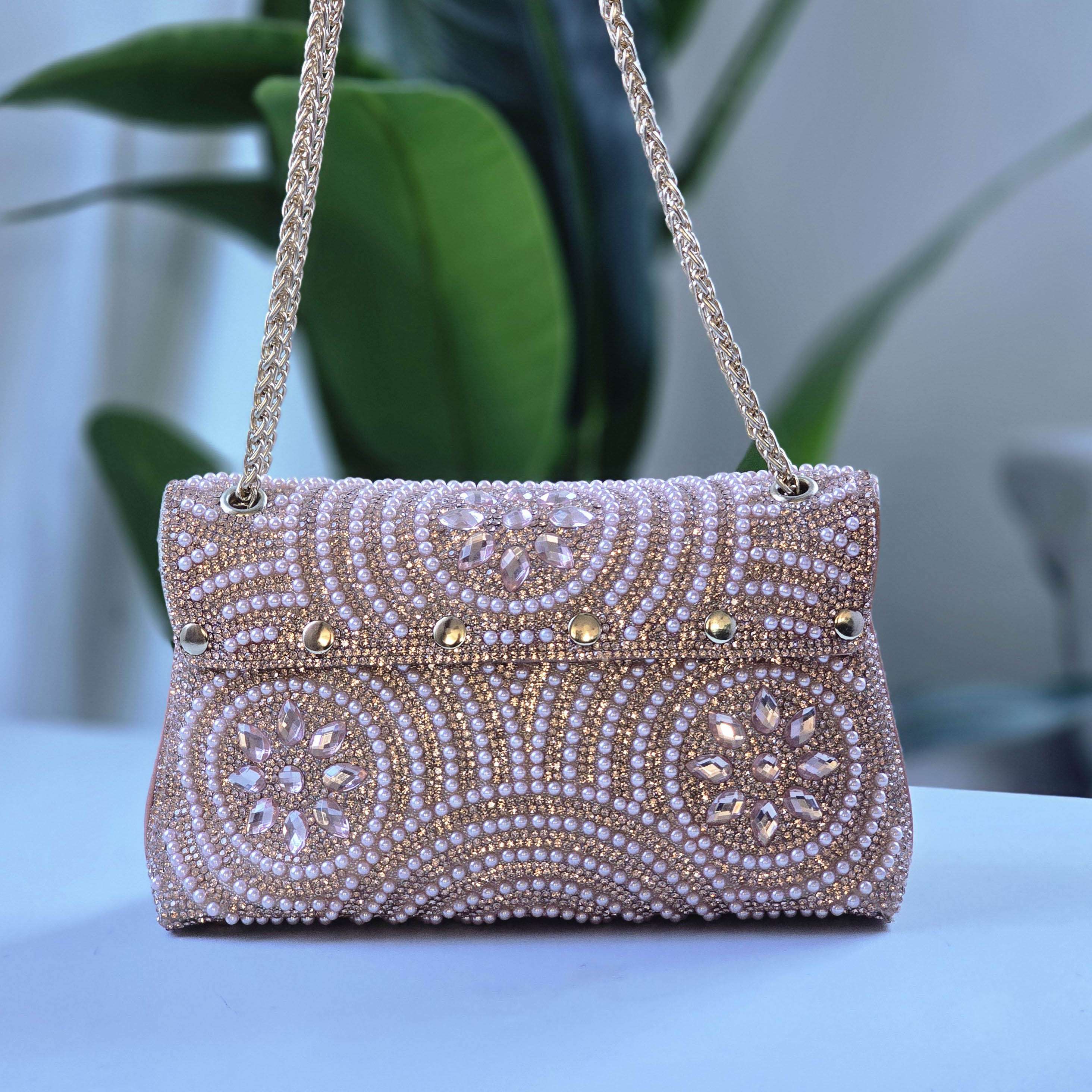 Rose Gold Pearl & Crystal Embellished Clutch