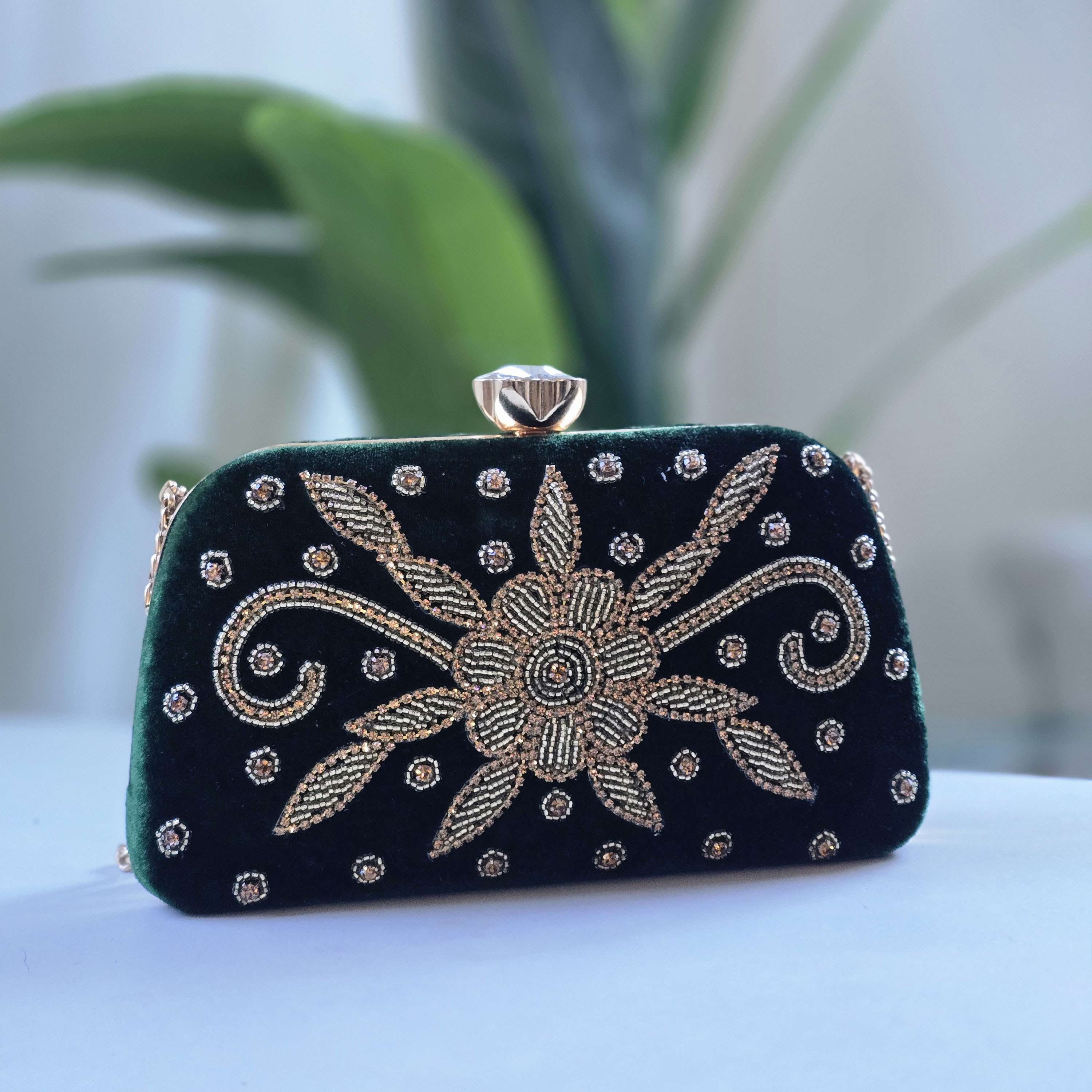 Emerald Green Velvet Embroidered Clutch  Luxury Beaded Evening Bag
