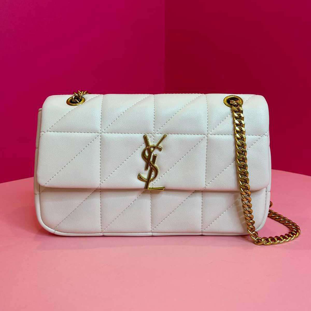 Premium White Quilted Shoulder Bag with Gold Chain & Logo