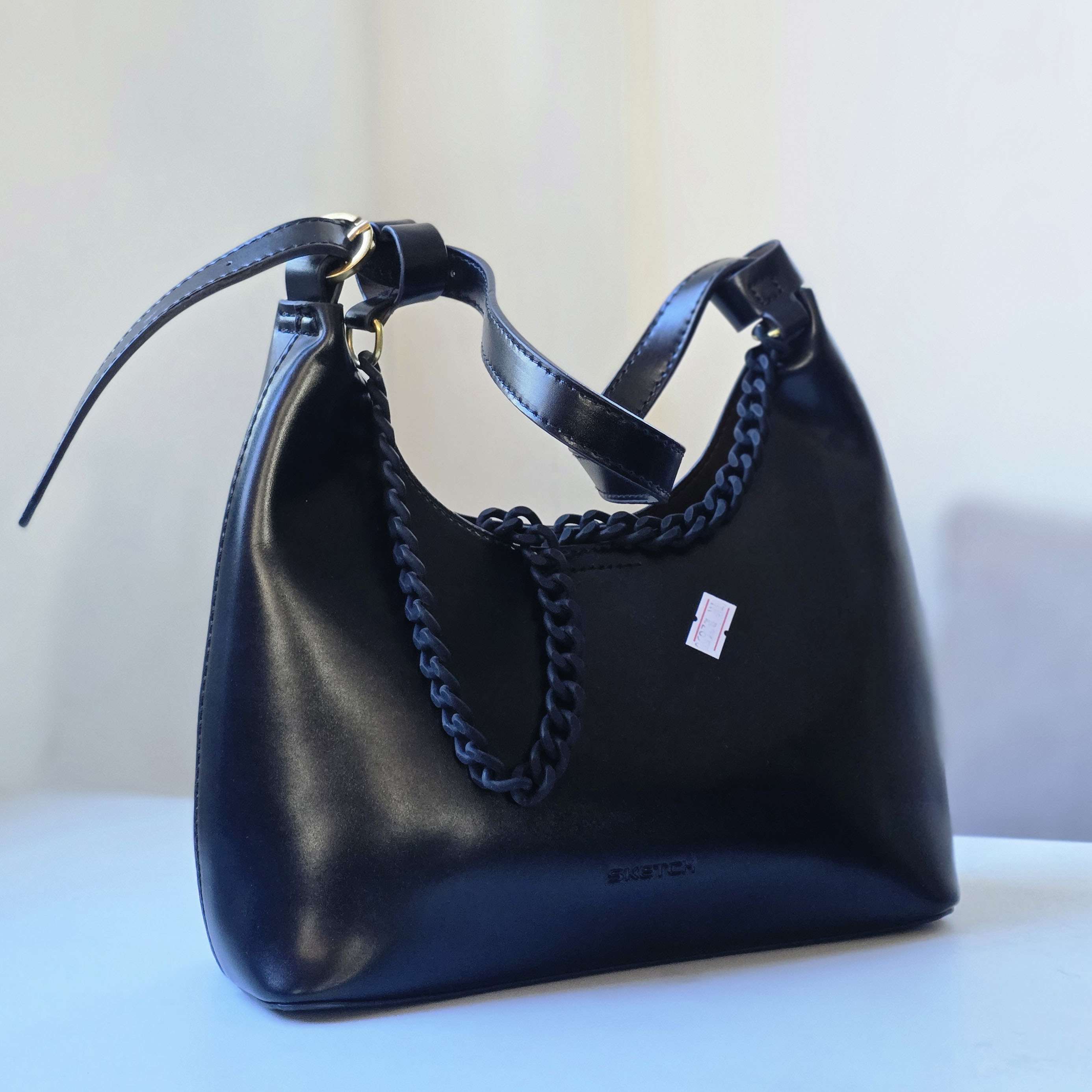 Black Crescent Shoulder Bag  Edgy Matte Chain Hobo Purse