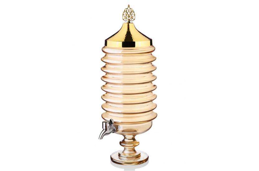 Premium Gold Hammered Glass Drink Dispenser with Round Metal Stand – Beverage Server with Tap for Parties & Events