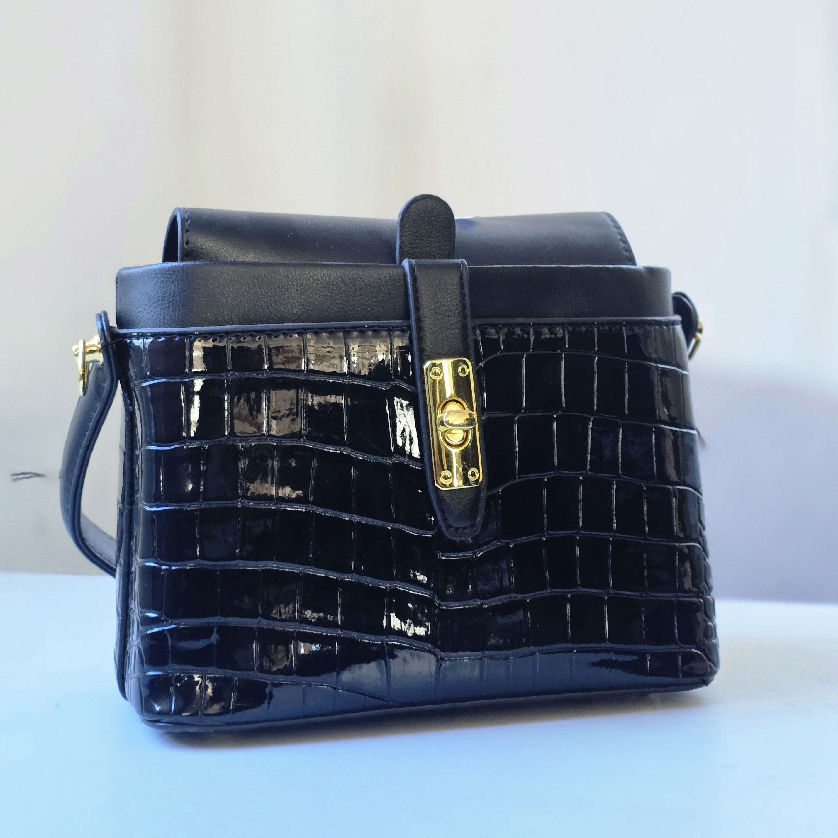 Glossy Black Croc-Embossed Handbag