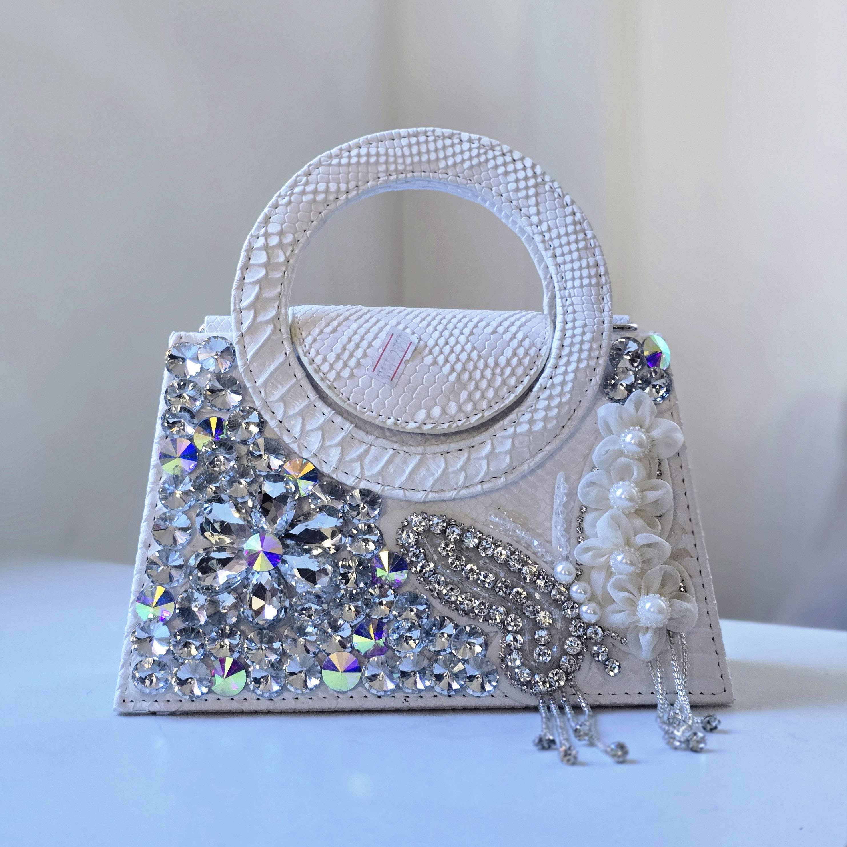 Luxury White Crystal & Flower Embellished Handbag